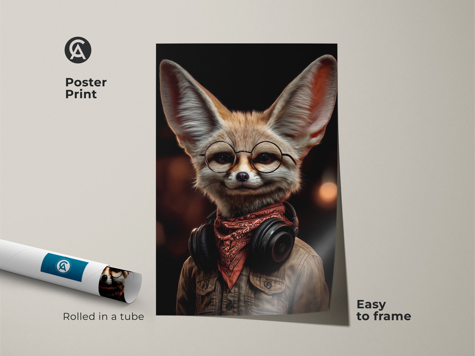 Poster print of an anthropomorphic Fennec Fox. The fox wears glasses and headphones. This tan orange brown wall art is easy to frame. A great retro style music lover gift. Perfect eclectic animal character art.