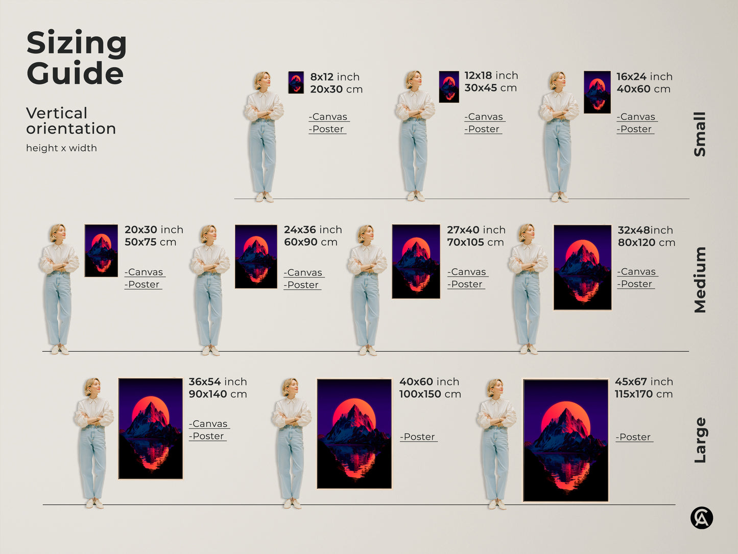 Sizing guide for vertical synthwave mountain sunset artwork. Available in canvas and poster options. Find the perfect fit for your space with sizes from small to large. Elevate your home decor now.