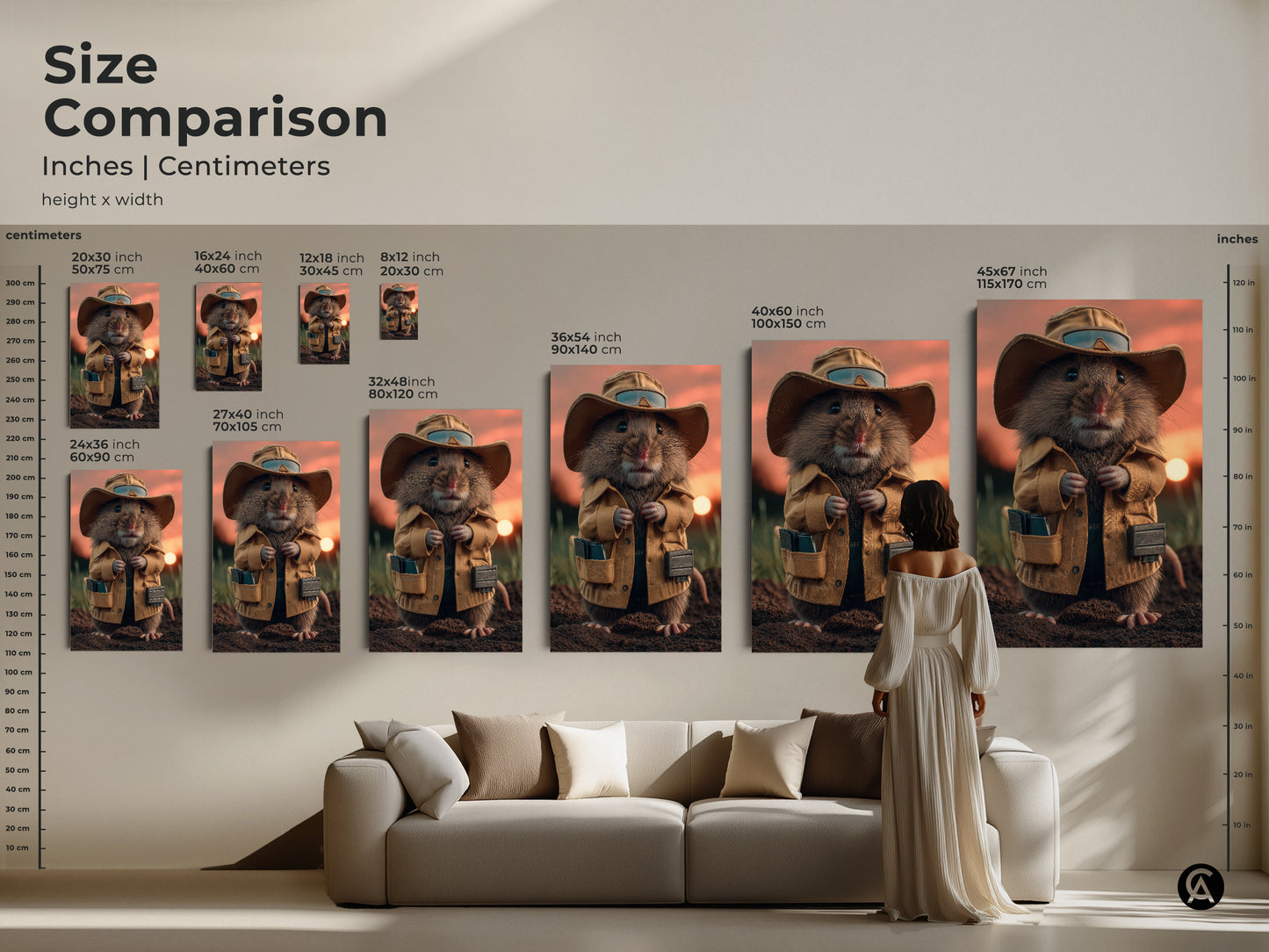 Size comparison of the mouse explorer art in inches and centimeters. Discover how this unique animal art fits in various spaces. Perfect for adding a whimsical touch to your living room.