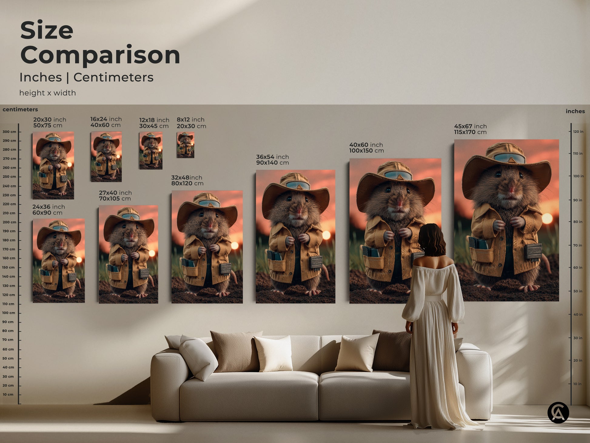 Size comparison of the mouse explorer art in inches and centimeters. Discover how this unique animal art fits in various spaces. Perfect for adding a whimsical touch to your living room.