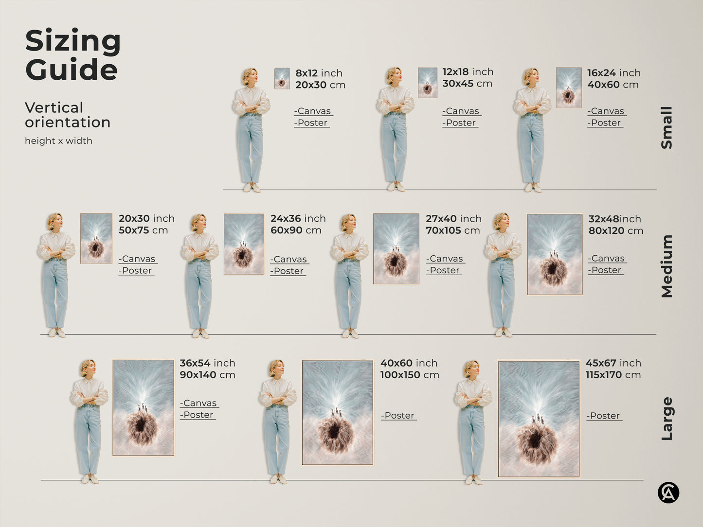 A vertical sizing guide for the Meerkat & Dandelion art canvas and poster prints is shown. This art comes in small medium and large sizes. A perfect blue white nature decor gift for animal lovers.