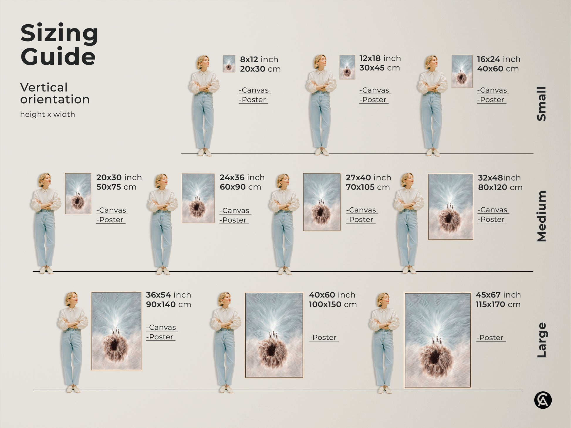 A vertical sizing guide for the Meerkat & Dandelion art canvas and poster prints is shown. This art comes in small medium and large sizes. A perfect blue white nature decor gift for animal lovers.