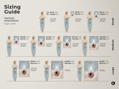 A vertical sizing guide for the Meerkat & Dandelion art canvas and poster prints is shown. This art comes in small medium and large sizes. A perfect blue white nature decor gift for animal lovers.