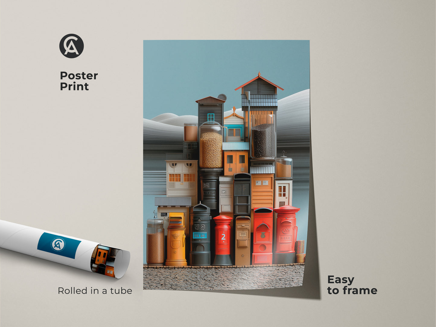 Museum-quality poster print of a surrealist urban scene. It shows eclectic post boxes and jars. The artwork uses red yellow and teal. It's an architectural still life great for travel fans. Easy to frame this colorful wall art is a unique housewarming present.