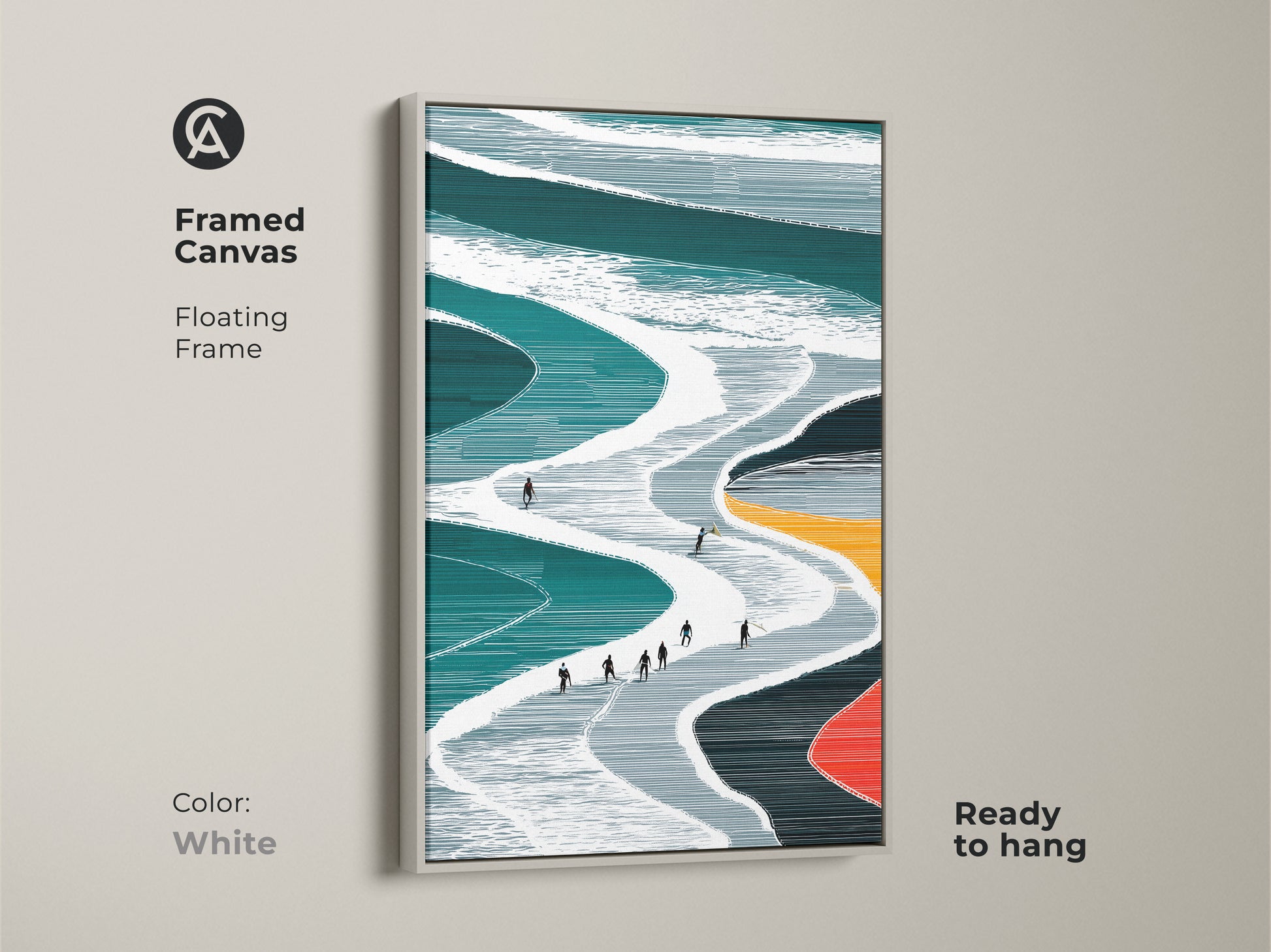 Framed Canvas featuring teal and white minimalist ski slope artwork with a white floating frame This modern winter sports print is ready to hang adding brightness The abstract skiing artwork enhances a space as a chic decor piece The white frame creates a clean and contemporary look