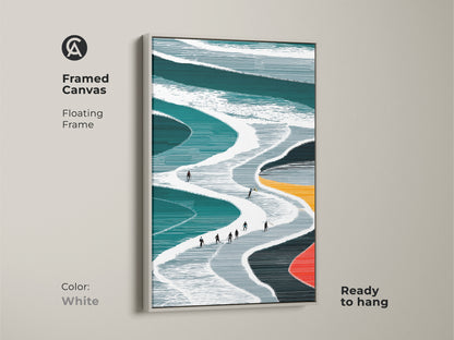 Framed Canvas featuring teal and white minimalist ski slope artwork with a white floating frame This modern winter sports print is ready to hang adding brightness The abstract skiing artwork enhances a space as a chic decor piece The white frame creates a clean and contemporary look