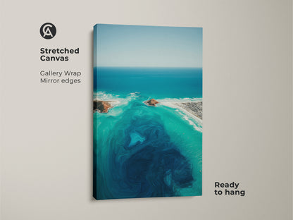 Stretched canvas print of an abstract ocean. The turquoise aerial view artwork is coastal landscape wall art. It shows deep blue swirls and aqua beach house decor. It is ready to hang and enjoy.