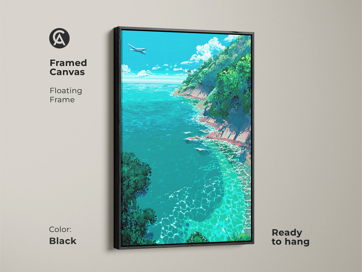 Enhance your decor with this framed canvas artwork. It showcases a plane over a turquoise ocean and lush cliffs. The floating black frame adds a modern elegant touch. Ready to hang this piece brings coastal charm to any room.