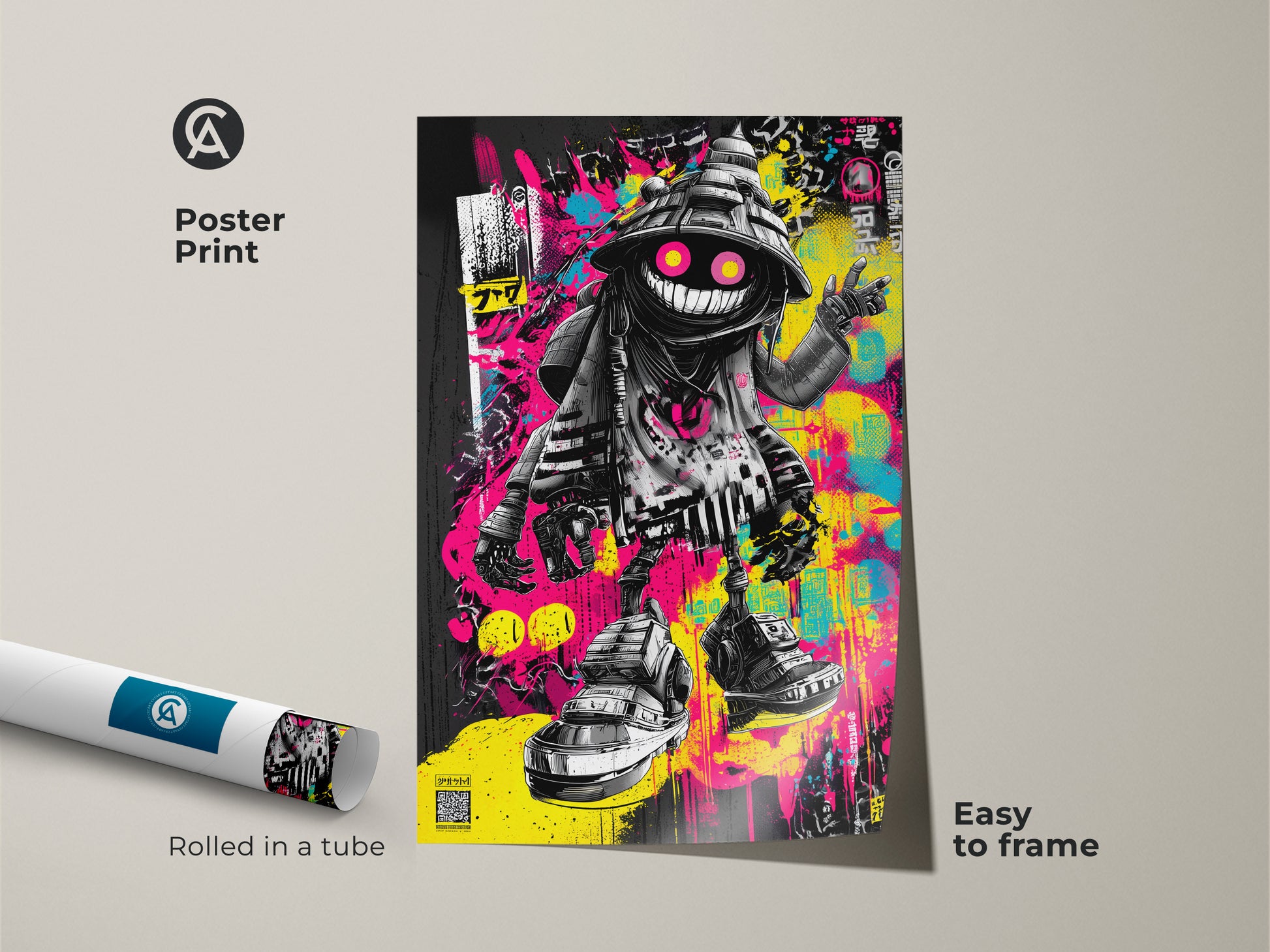 Poster print of graffiti artwork rolled in a tube. The art shows a fun character with neon accents. This poster print is easy to frame. The vibrant colors and urban style makes this wall art stand out. This is a great choice for decorating your home.
