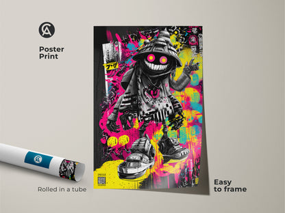 Poster print of graffiti artwork rolled in a tube. The art shows a fun character with neon accents. This poster print is easy to frame. The vibrant colors and urban style makes this wall art stand out. This is a great choice for decorating your home.