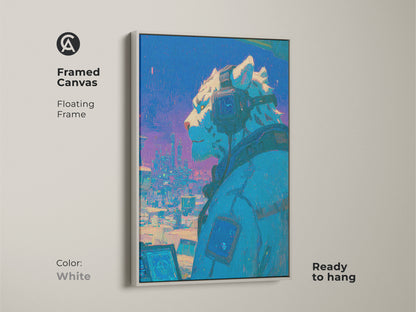 Elevate your interior with this framed canvas artwork. The floating frame adds a touch of sophistication. It features a cyberpunk snow leopard wearing headphones gazing over a vibrant cityscape. The white frame enhances the vibrant colors. Ready to hang.
