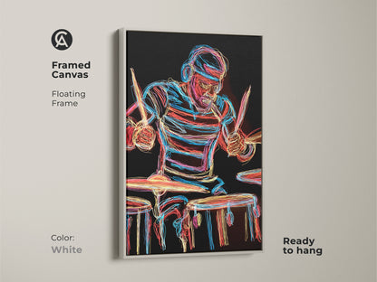 White Framed Canvas Print of a Neon Drummer. This art piece creates a clean modern look. The abstract line art adds a touch of creativity to any home. A fantastic gift for drummers this piece is ready to hang and enjoy.