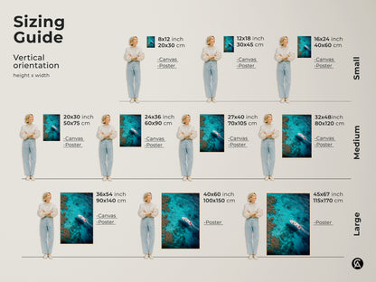 Sizing guide for vertical art prints. Available in canvas and poster options. The artwork features a boat sailing on turquoise waters. Find the perfect size for your space from small to large.