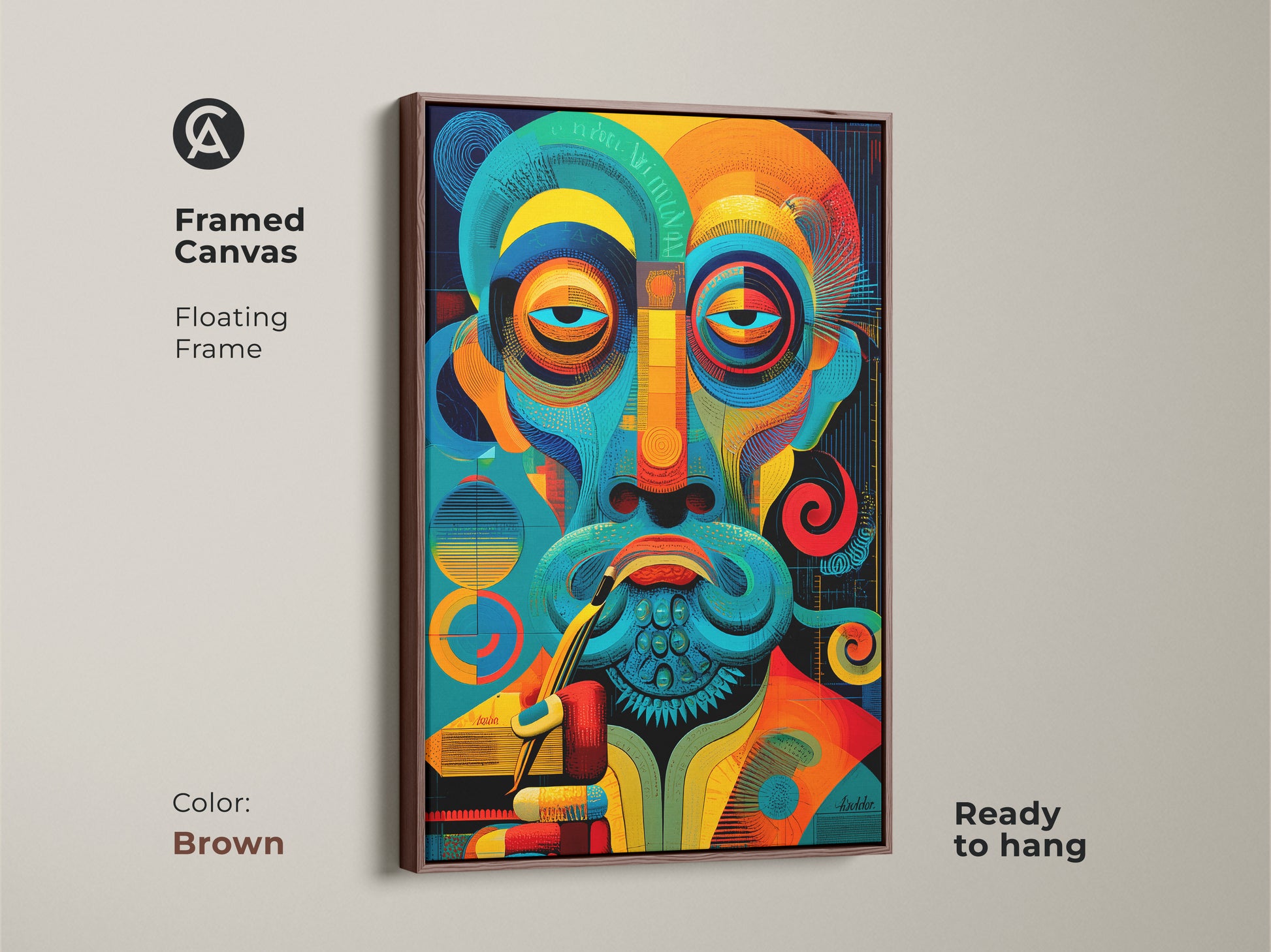 A framed canvas featuring an abstract man portrait with a brown floating frame. This ready-to-hang eclectic artwork showcases teal blue and orange hues for a modern art collector.