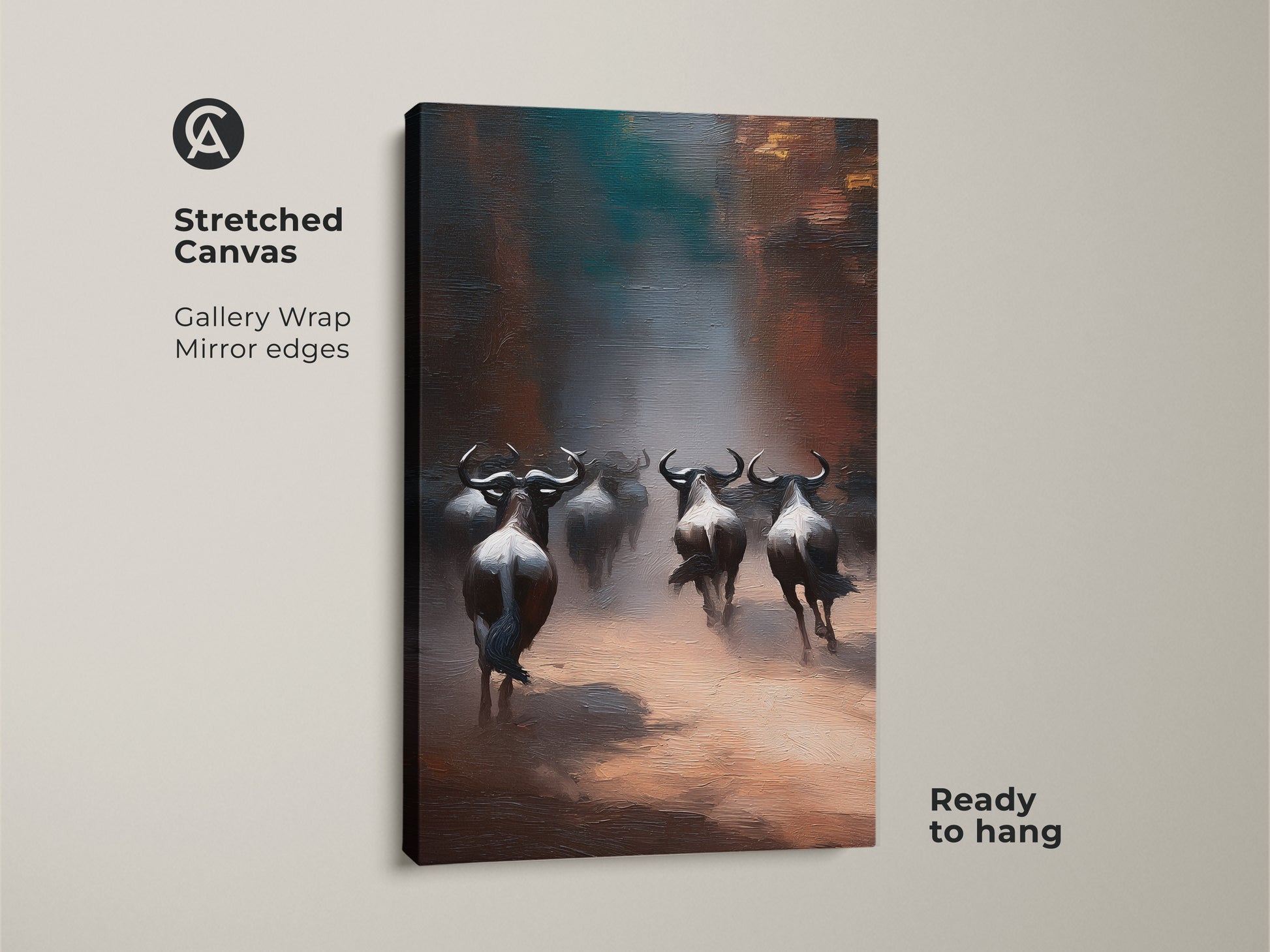 Stretched canvas featuring a running wildebeest herd in impressionist style. The rustic wildlife canvas print has mirror edges. Ready to hang. This earth tone savanna artwork offers a gallery-wrapped aesthetic for a modern touch.