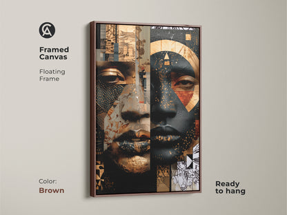 Brown framed canvas featuring contemporary geometric art. The gold and black portrait showcases an abstract face. This eclectic home decor print has a floating frame. Ready to hang for simple setup. Enhances any room with a unique artistic flair.