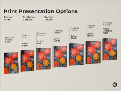 Explore print presentation options for abstract dandelion artwork. Choose from poster print stretched canvas or framed canvas. Each option highlights the vibrant orange and blue colors. Select the perfect contemporary nature inspired wall decor.