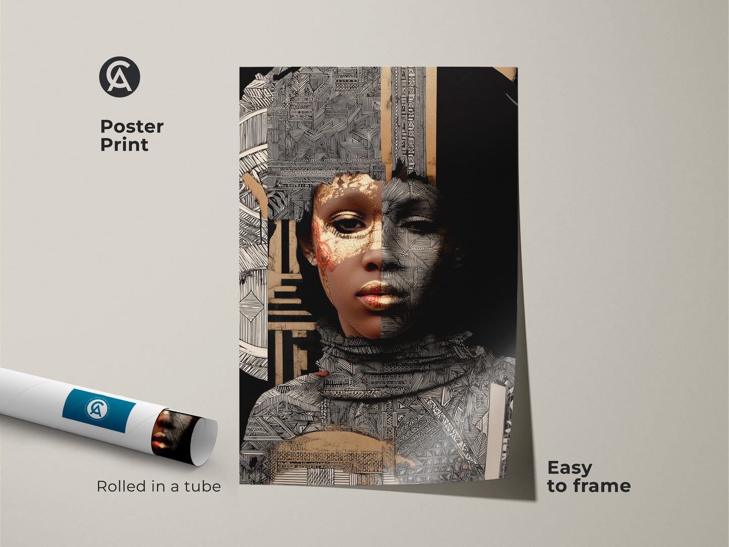 Poster print of gold and black geometric African woman art. This cultural collage decor features an abstract face artwork. Easy to frame monochrome wall decor for a modern touch.