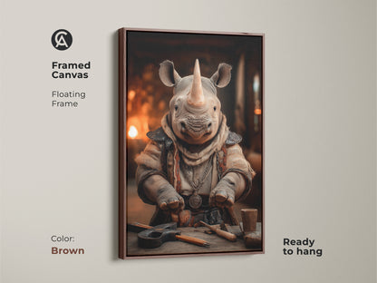 Framed canvas featuring a fantasy rhino character art print. The artwork is displayed in a floating brown frame. This Tan and orange artwork adds an eclectic touch to any office or home space. A unique gift for animal lovers. It's ready to hang enhancing decor with artisan flair.