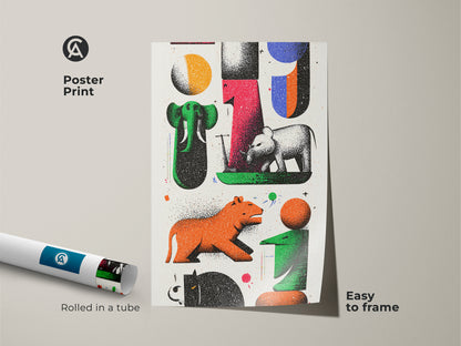 This poster print features modern folk art with abstract animals. The retro animal canvas art is easy to frame and display. Its eclectic wall decor includes green red and orange hues. The artwork showcases elephants and tigers in an abstract style. This colorful folk art makes a unique addition to any home. It’s a great gift for art and animal lovers.