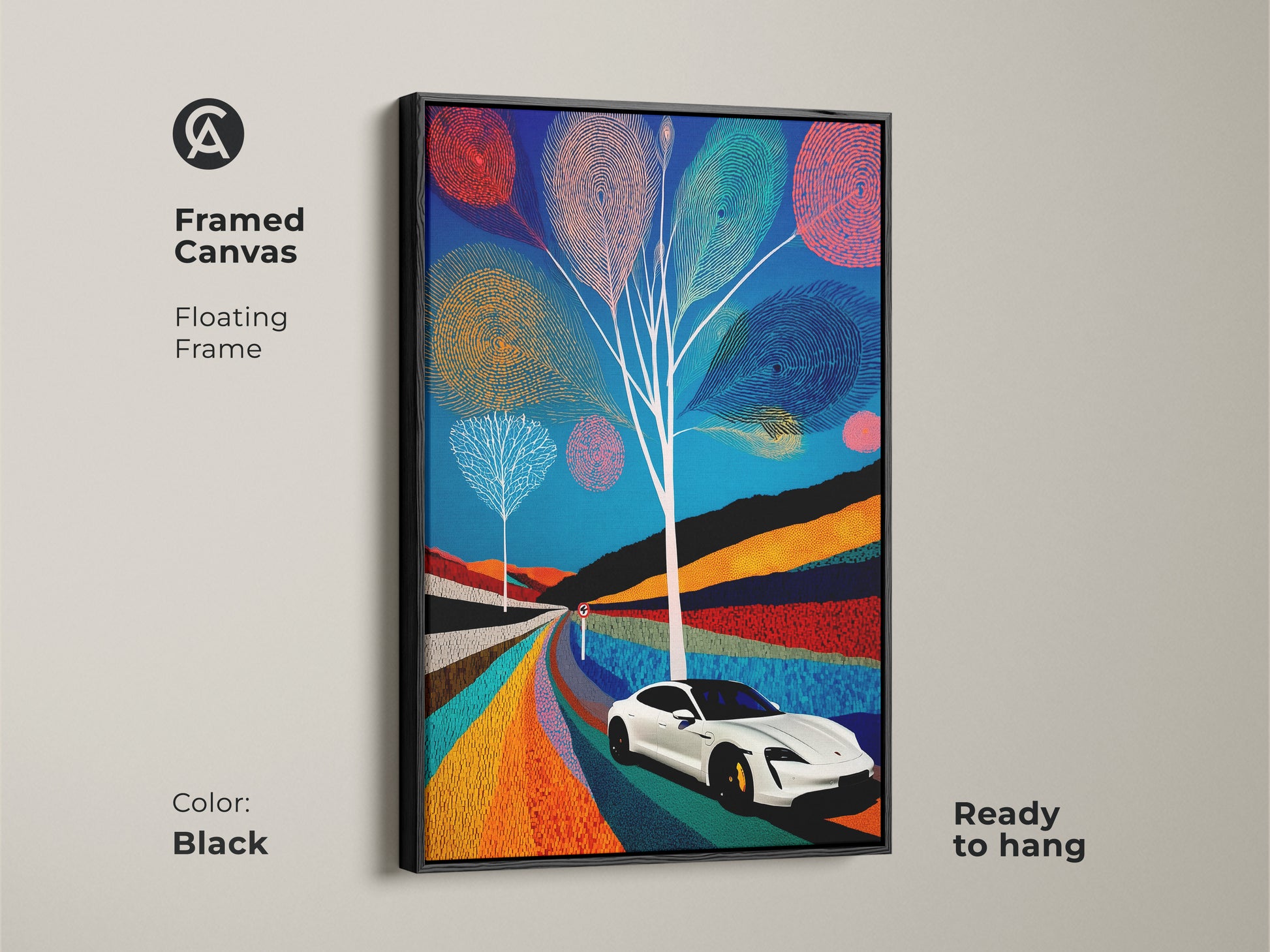 Framed canvas of a modern folk art electric car scene with a sleek black floating frame. Ready to hang this abstract canvas artwork makes a contemporary statement. Blue teal orange art is perfect for modern wall art.