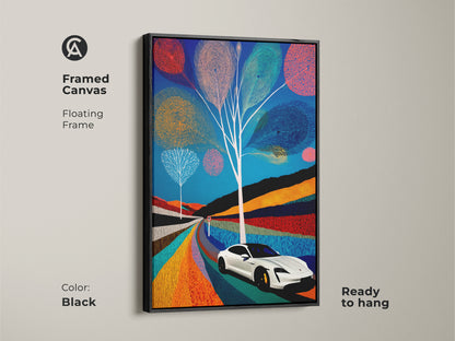 Framed canvas of a modern folk art electric car scene with a sleek black floating frame. Ready to hang this abstract canvas artwork makes a contemporary statement. Blue teal orange art is perfect for modern wall art.