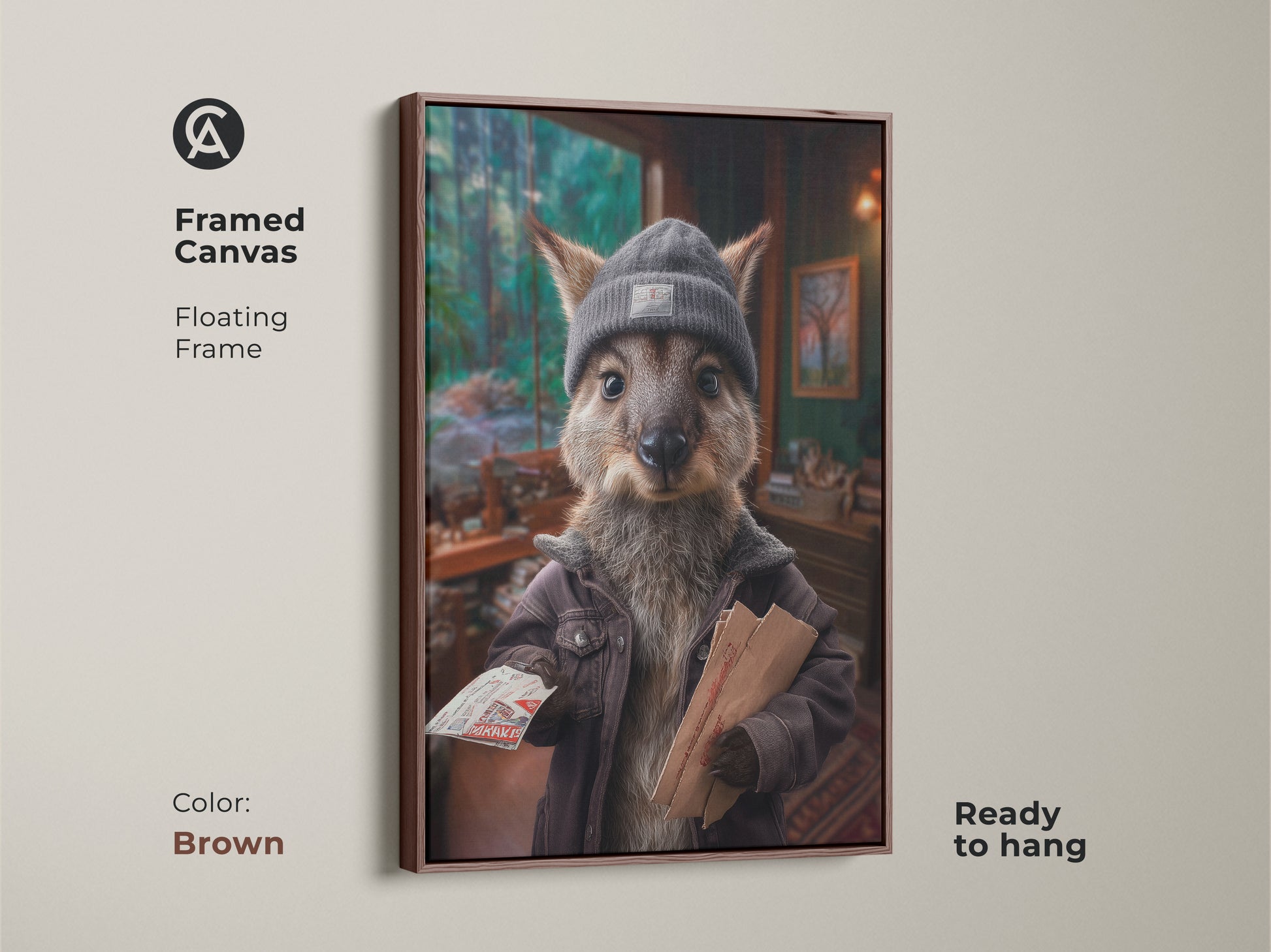 Framed Canvas Art features a whimsical Kangaroo Postman. The brown floating frame enhances this unique artwork. This eclectic home decor print brings quirky charm to any space perfect animal lover gift. It is ready to hang.