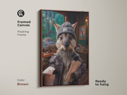 Framed Canvas Art features a whimsical Kangaroo Postman. The brown floating frame enhances this unique artwork. This eclectic home decor print brings quirky charm to any space perfect animal lover gift. It is ready to hang.