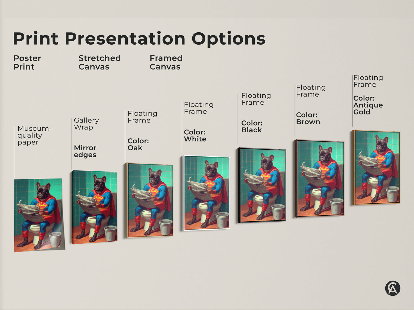 Explore various print presentation options for the French Bulldog superhero artwork. Choose from poster prints stretched canvas and framed canvas options. Find the perfect museum quality paper or gallery wrap for your eclectic home decor. Add a touch of humor with this unique dog lover gift. Enjoy this artistic toilet art