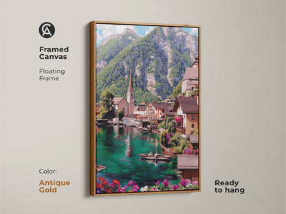 Framed canvas showcasing a teal lake village with an antique gold floating frame. This ready to hang artwork features a scenic impressionistic mountain landscape. The European town wall decor adds a touch of sophistication to your home. The blue green water enhances the tranquil view.