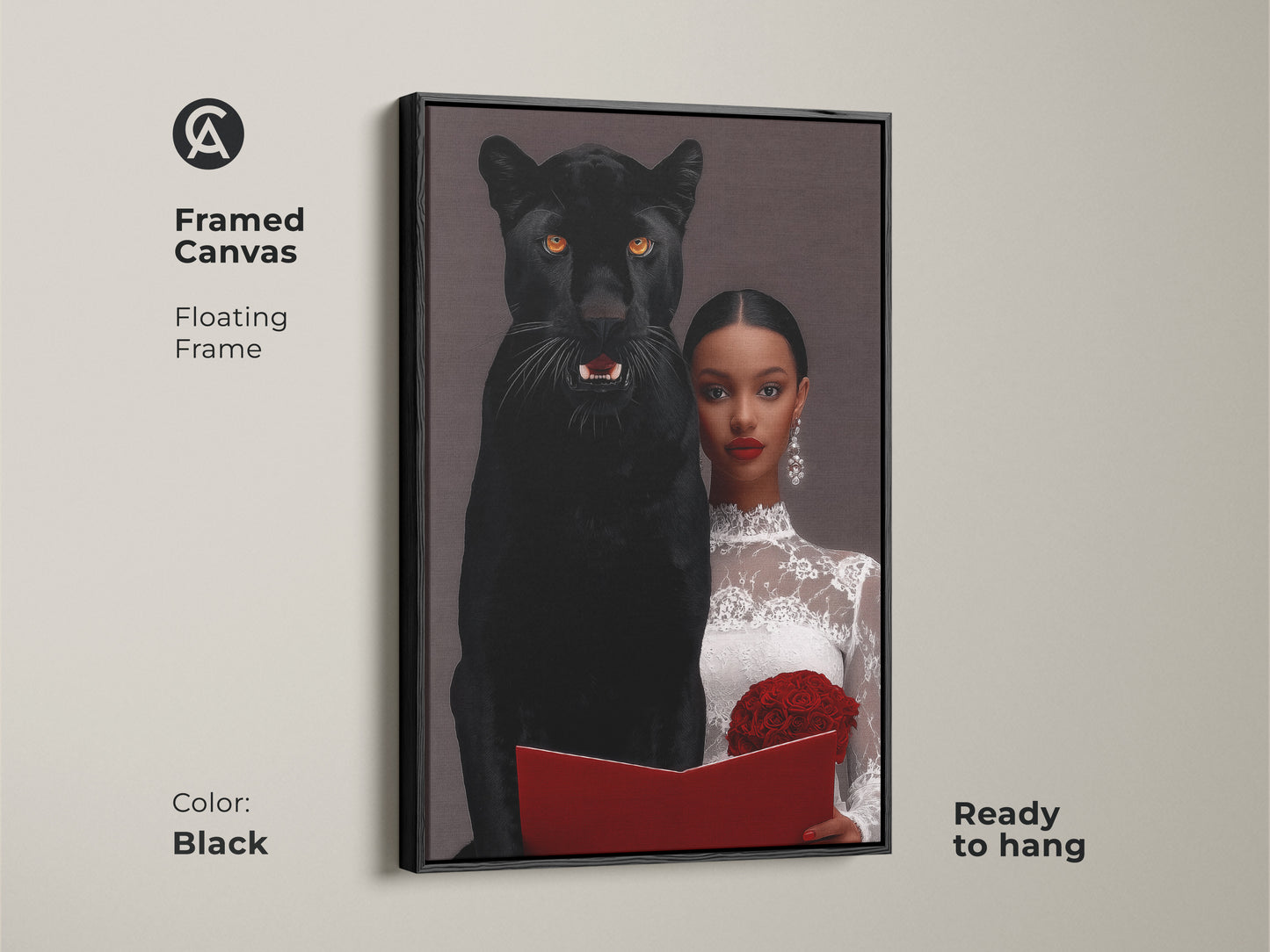 A framed canvas art print with a floating frame in black. Ready to hang surrealist artwork of a woman with a black panther. This eclectic home decor art has a dark aesthetic. A unique gift for symbolism lovers.  Features photorealism animal art.