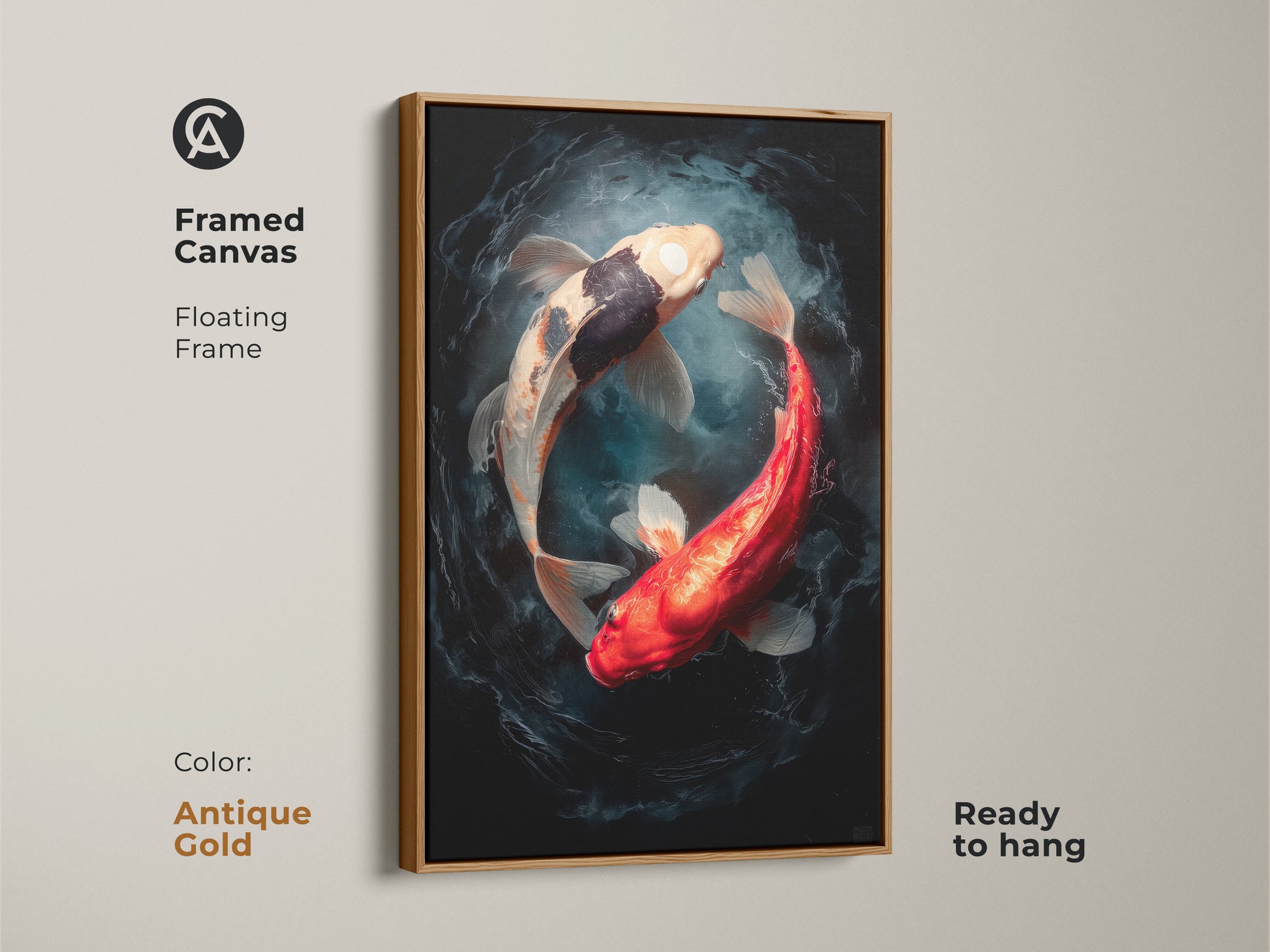 An antique gold framed canvas featuring two koi fish in a yin and yang position. The floating frame enhances the artwork. This framed canvas is ready to hang. Elevate your interior with this unique piece.