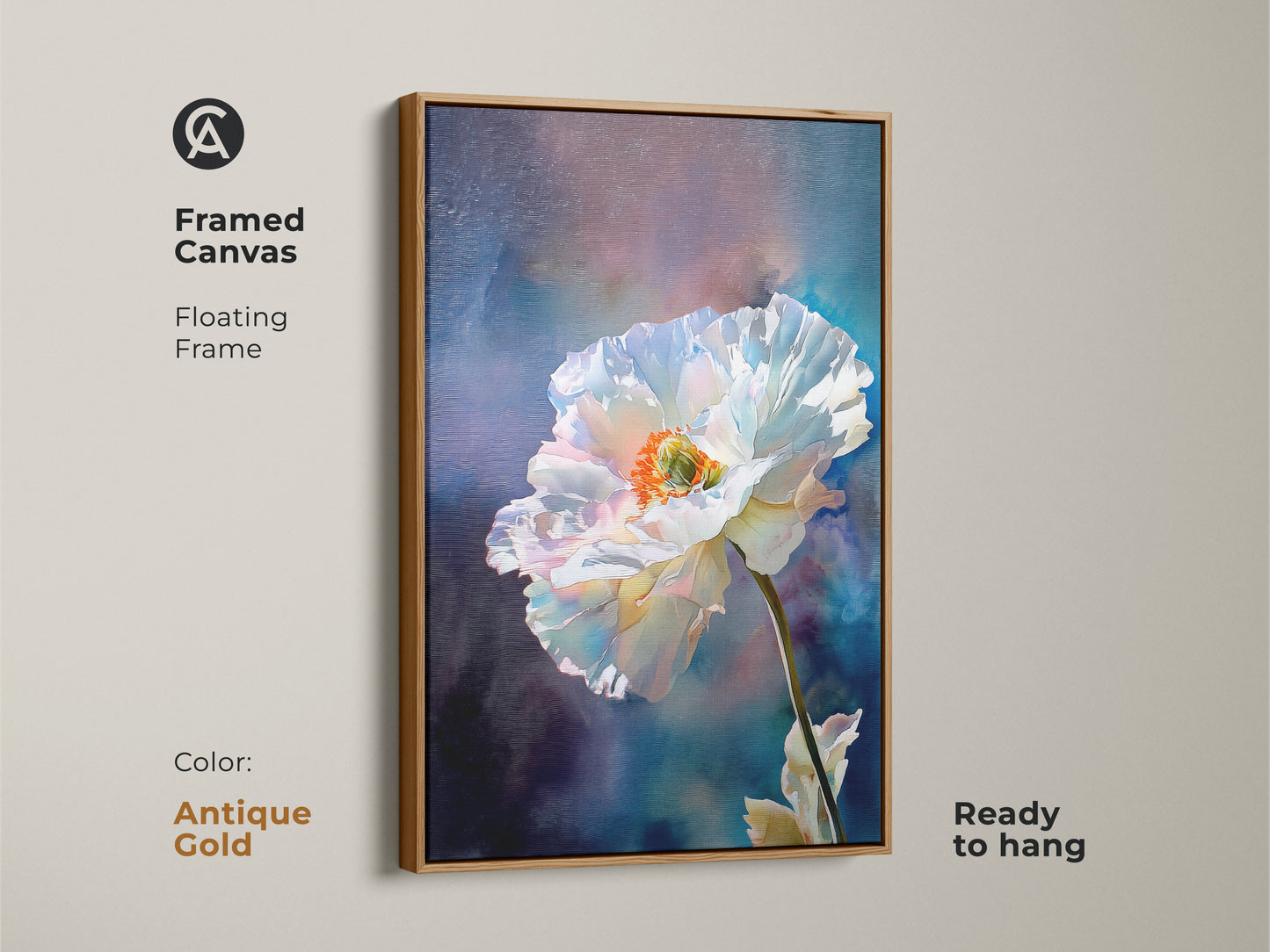 Framed Canvas of White Poppy Artwork in an antique gold floating frame. This botanical floral wall art is ready to hang. This impressionistic flower print adds sophistication to any room. Find the perfect contemporary botanical decor.