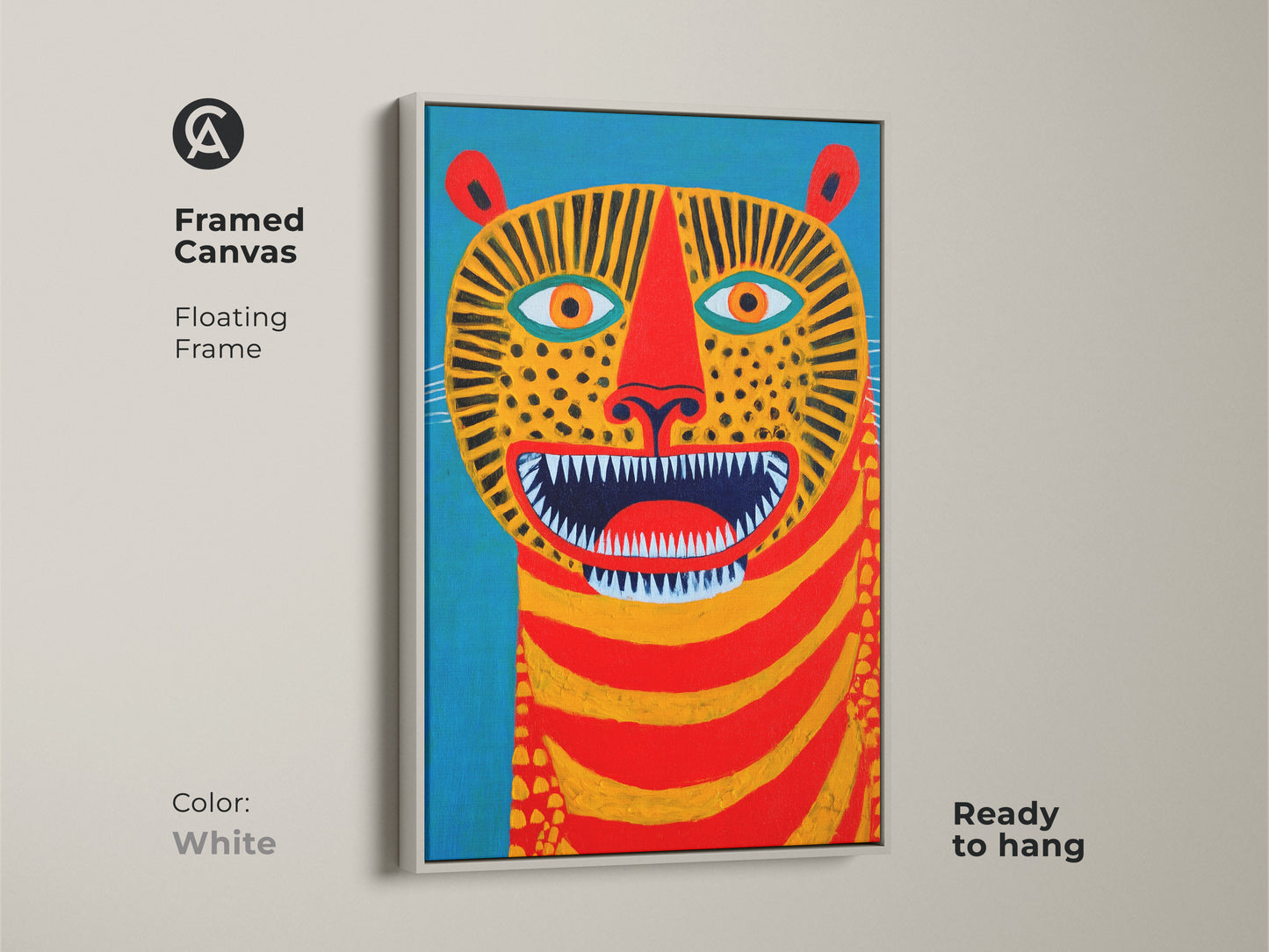 The folk art tiger canvas is displayed in a white floating frame and is ready to hang. Its bold colors make it ideal for eclectic decor. This abstract animal artwork is a unique home decor statement. This art is a great gift for animal lovers.