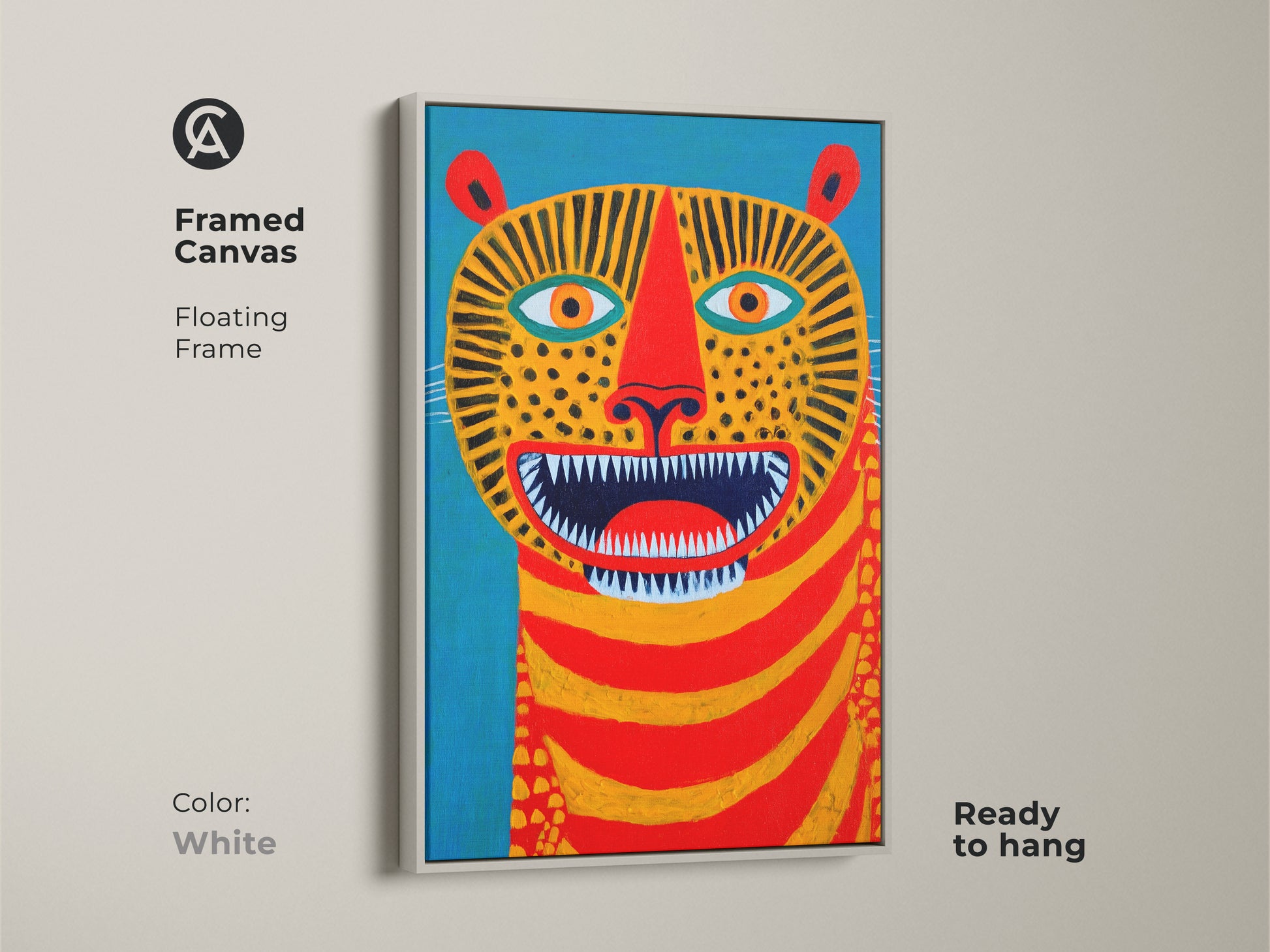 The folk art tiger canvas is displayed in a white floating frame and is ready to hang. Its bold colors make it ideal for eclectic decor. This abstract animal artwork is a unique home decor statement. This art is a great gift for animal lovers.