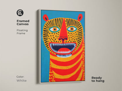 The folk art tiger canvas is displayed in a white floating frame and is ready to hang. Its bold colors make it ideal for eclectic decor. This abstract animal artwork is a unique home decor statement. This art is a great gift for animal lovers.