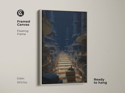 Framed canvas with a floating frame displaying fantasy architecture artwork. The white frame highlights the intricate details of the endless bookshelf art. Ideal for a bookish room or scholar's wall. A perfect gift for knowledge seekers.
