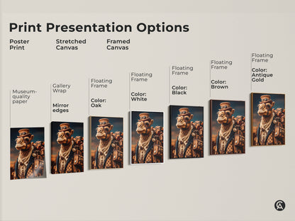 Print presentation options for Steampunk Camel artwork. It includes poster print stretched canvas and framed canvas options. Each features the Victorian adventure camel art. Perfect for any decor style.