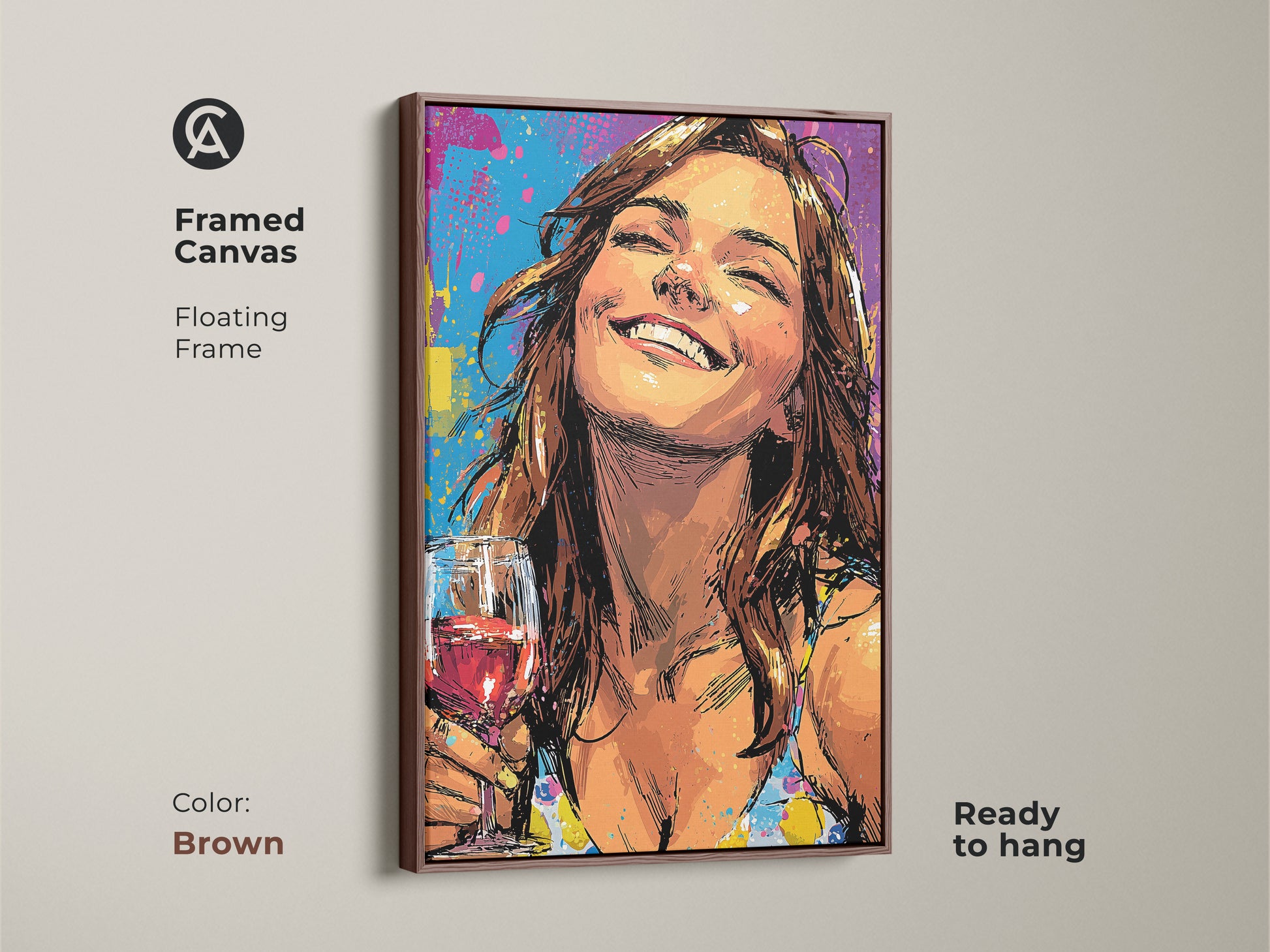 Framed canvas art showcasing a woman enjoying wine. The pop art artwork features a floating brown frame and is ready to hang. The teal yellow and purple hues create an eclectic aesthetic. This vibrant wall art is perfect for adding artistic expression to any home decor.