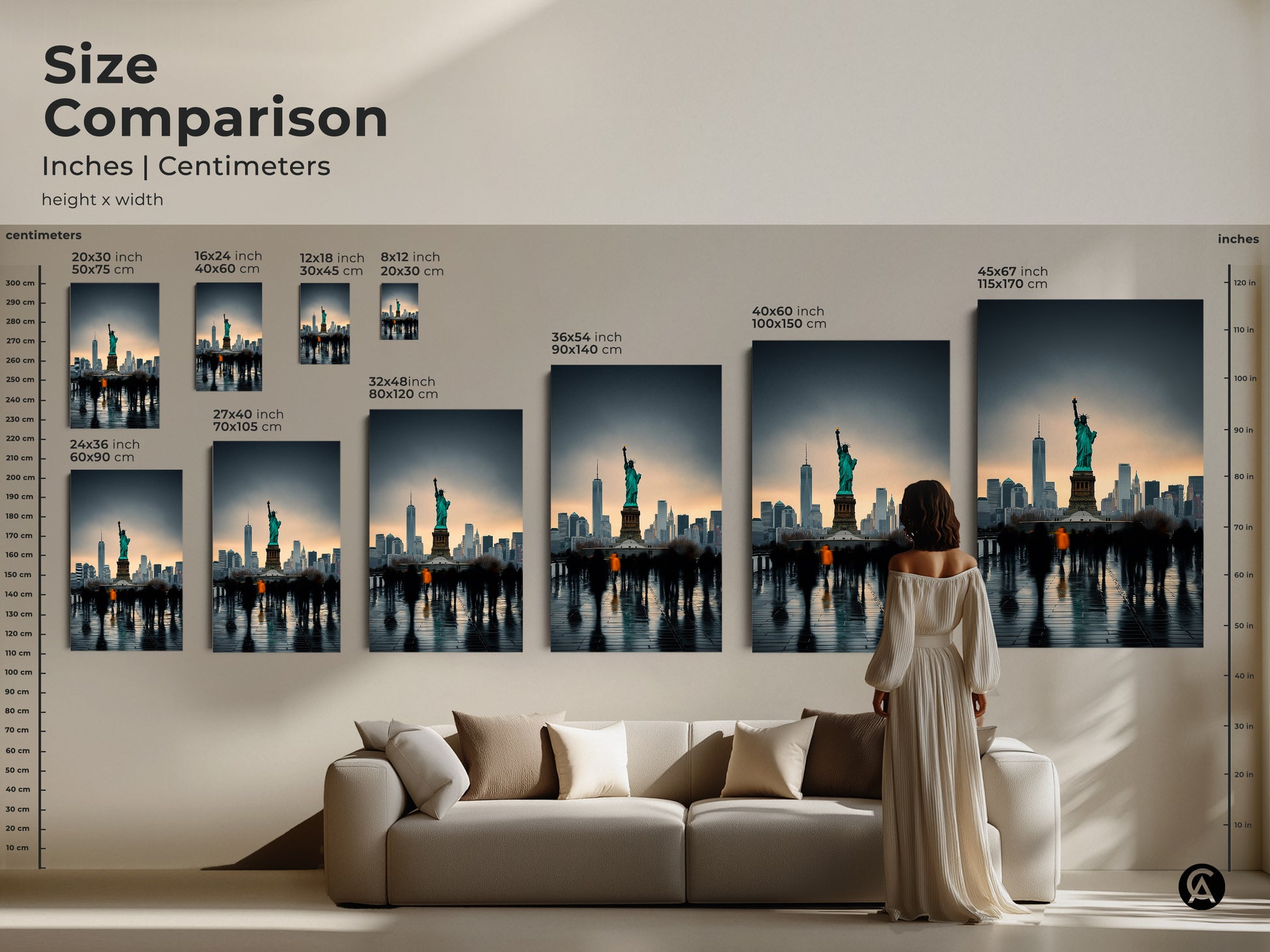 Size comparison of NYC skyline art featuring the Statue of Liberty. Visualize how different sizes fit above a sofa. Find the ideal contemporary cityscape decor for your space. Available in inches and centimeters. This teal and gray art print makes a statement.