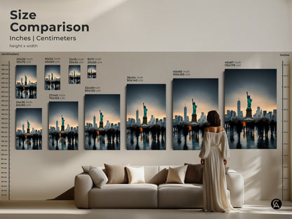 Size comparison of NYC skyline art featuring the Statue of Liberty. Visualize how different sizes fit above a sofa. Find the ideal contemporary cityscape decor for your space. Available in inches and centimeters. This teal and gray art print makes a statement.