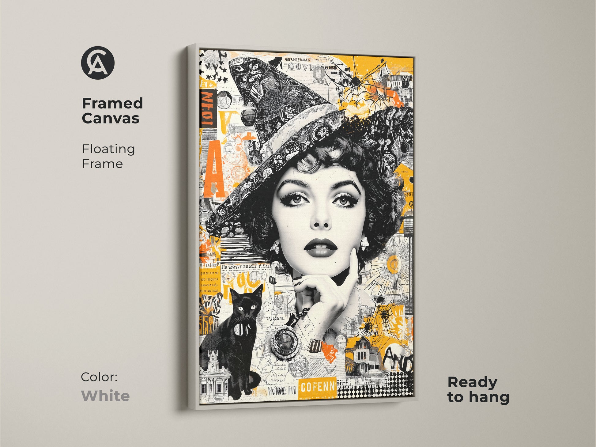 Framed canvas art featuring a captivating witch figure plus a black cat in a collage style. The white floating frame offers a clean look. Ready to hang to create a vintage-modern aesthetic in your space