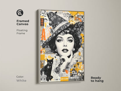 Framed canvas art featuring a captivating witch figure plus a black cat in a collage style. The white floating frame offers a clean look. Ready to hang to create a vintage-modern aesthetic in your space