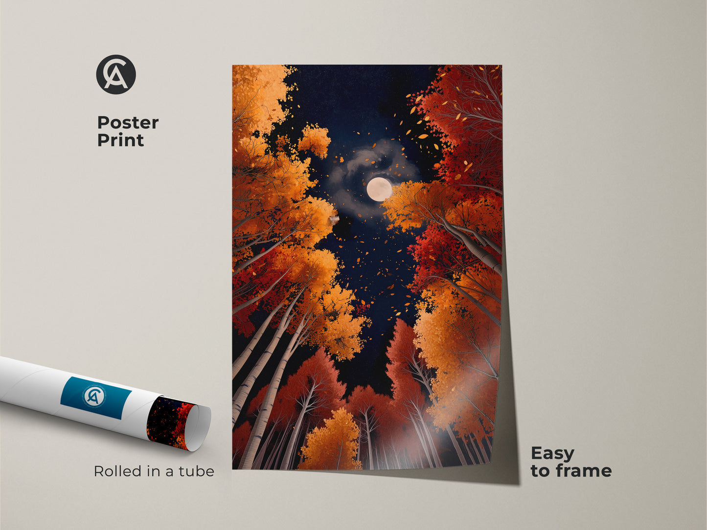 Get the 'Autumn Moon' poster print. This artwork captures the essence of fall with colorful trees and a bright moon. The print is rolled in a tube for protection and easy framing. A simple way to add art to your space. Perfect for any room.