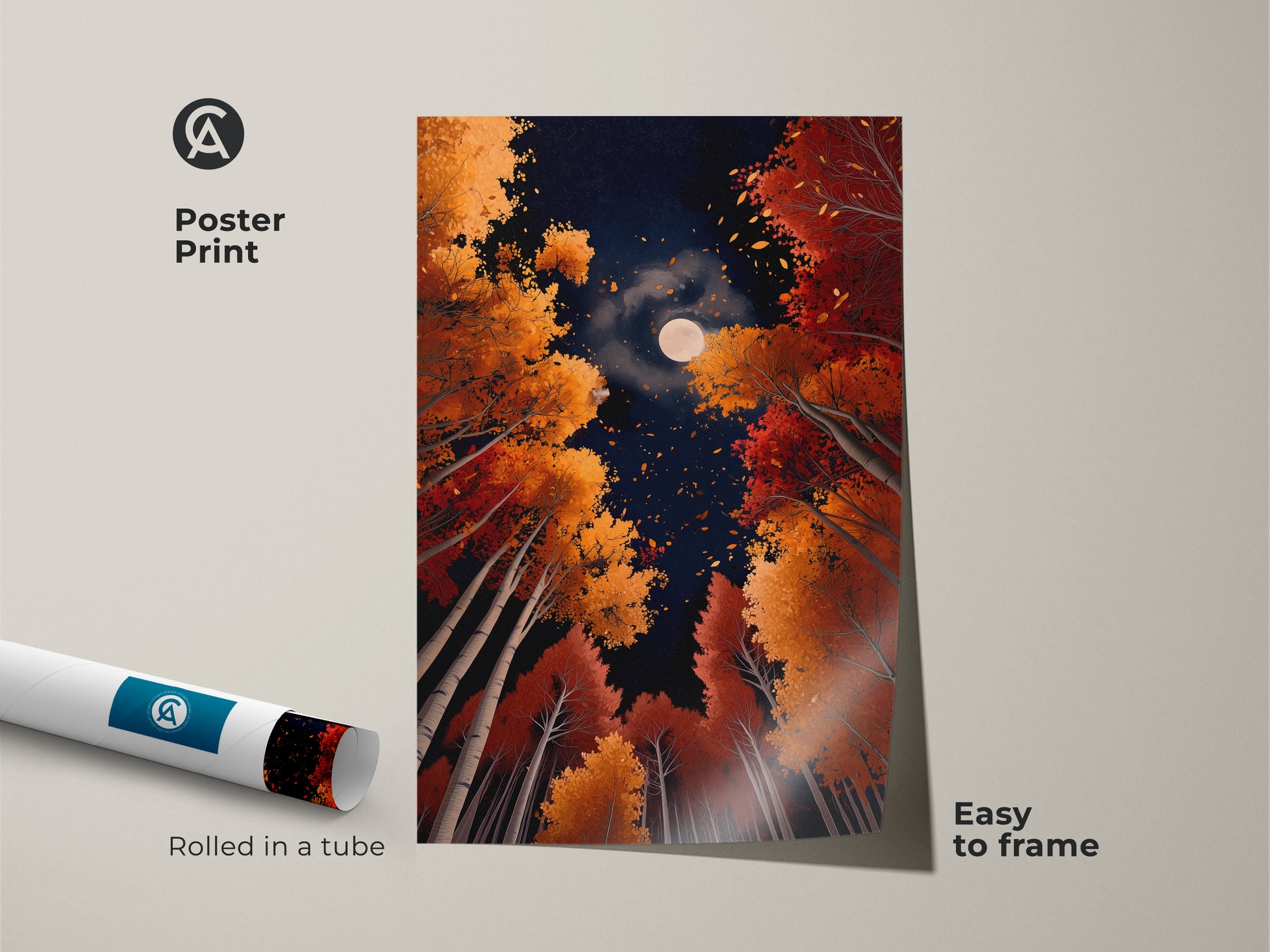 Get the 'Autumn Moon' poster print. This artwork captures the essence of fall with colorful trees and a bright moon. The print is rolled in a tube for protection and easy framing. A simple way to add art to your space. Perfect for any room.