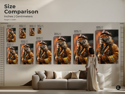 A size comparison guide in inches and centimeters. It illustrates various heights and widths next to furniture. The tiger firefighter artwork is shown in multiple sizes. This helps visualize how it fits in different spaces.