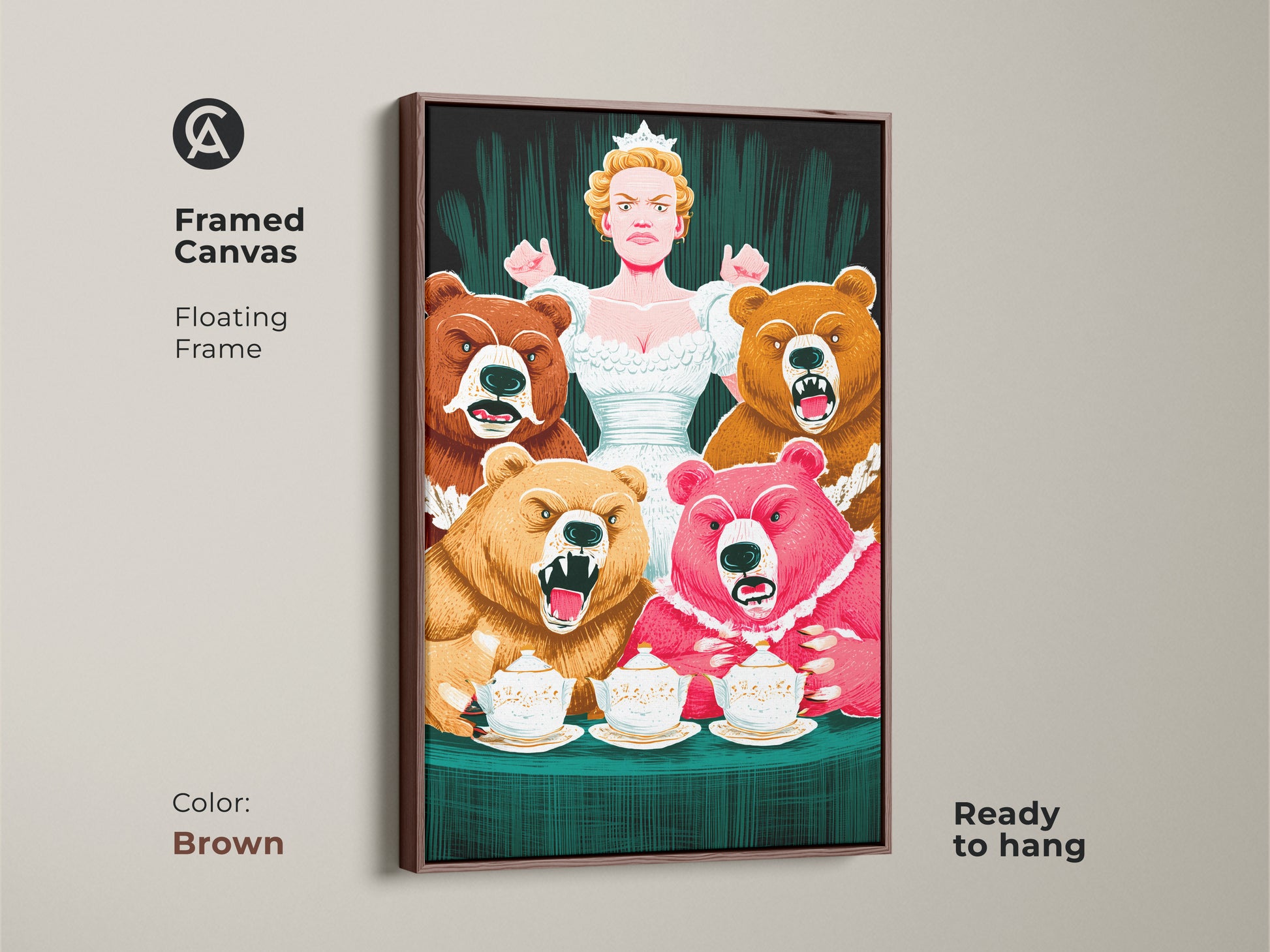 Framed canvas of the Bear Queen art in a brown floating frame. Ready to hang this colorful fantasy artwork adds character to any space. Ideal for study room or office decor. Perfect animal themed artwork.
