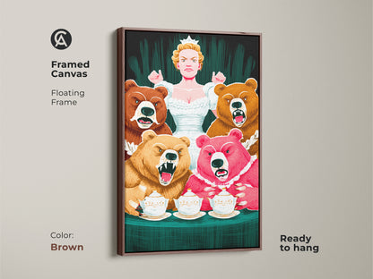 Framed canvas of the Bear Queen art in a brown floating frame. Ready to hang this colorful fantasy artwork adds character to any space. Ideal for study room or office decor. Perfect animal themed artwork.