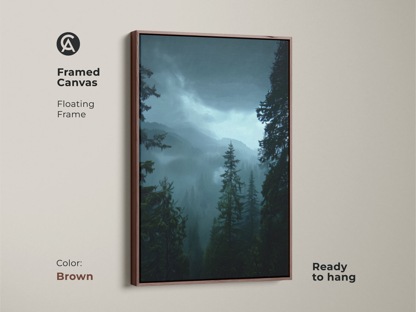 Framed canvas print of a misty forest landscape with a brown frame. This pine tree art brings deep green nature into your home. Ready to hang this artwork offers a tranquil mountain view. Ideal rustic wall decor.