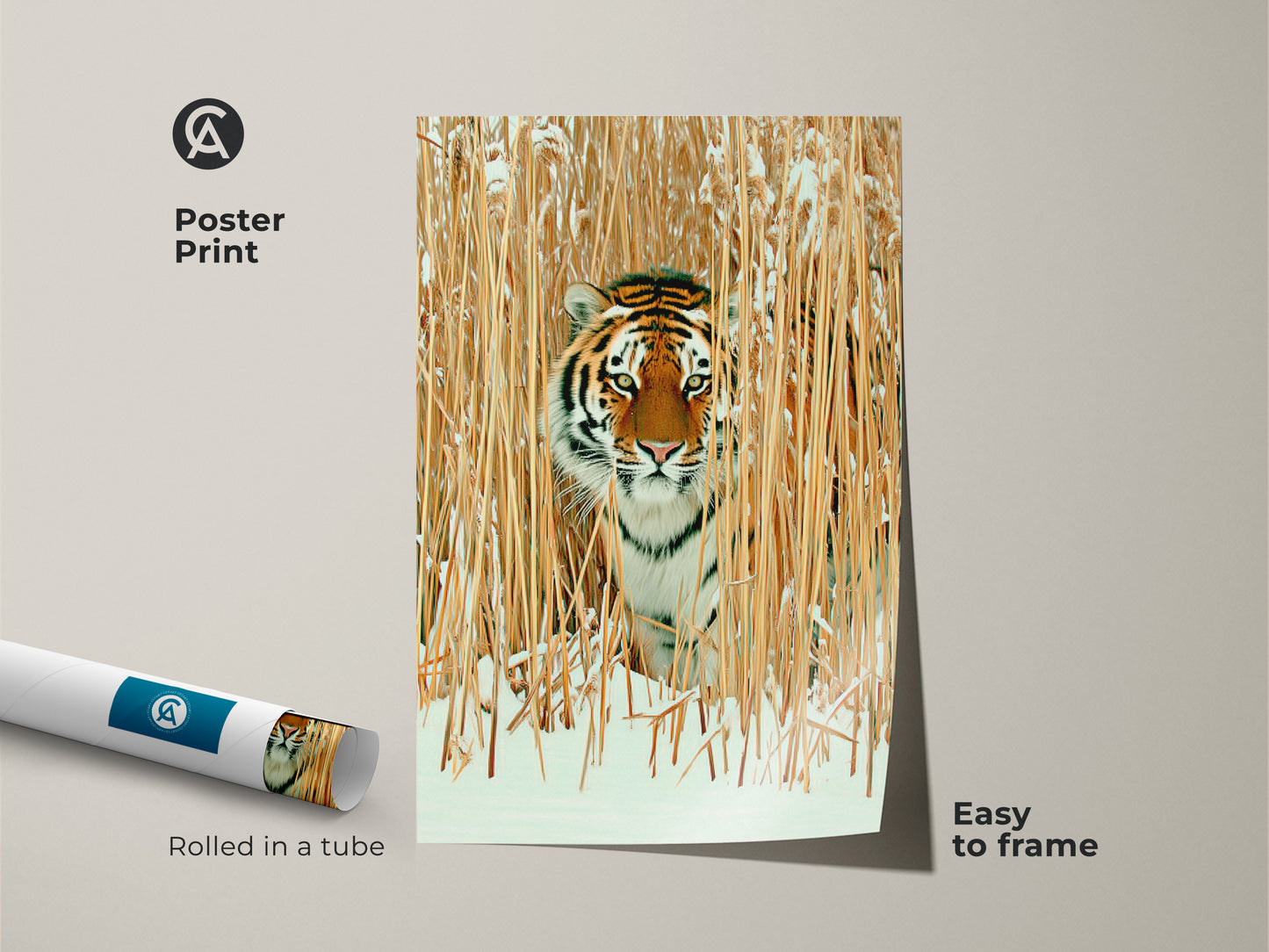 Poster print of a tiger in winter reeds. Easy to frame wildlife art captures a realistic big cat in a snowy habitat. Rustic animal decor in orange brown and gold adds charm. Perfect for nature inspired home decor and tiger lover gifts.